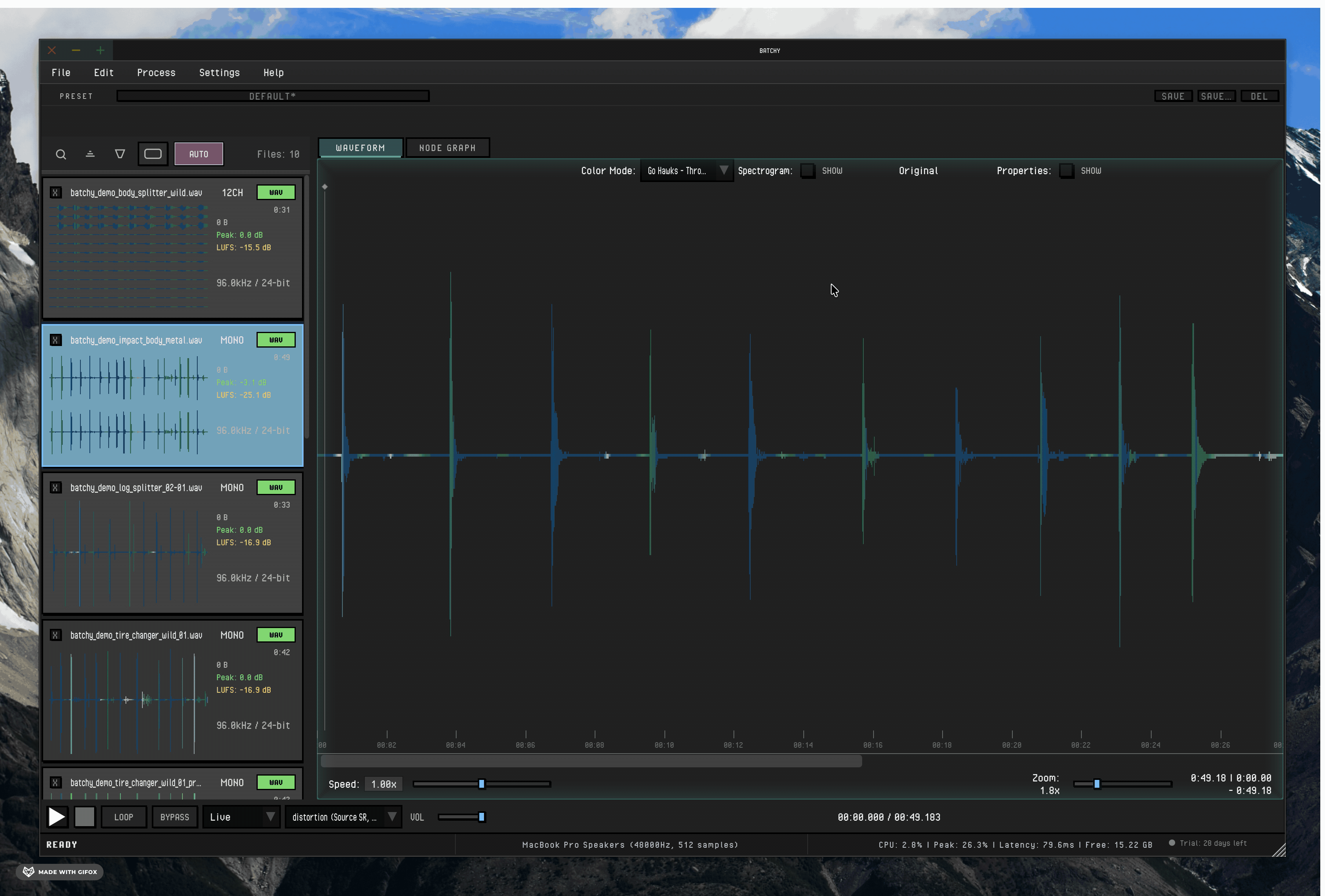 Batchy switching from live mode to processed mode while reviewing an audio file